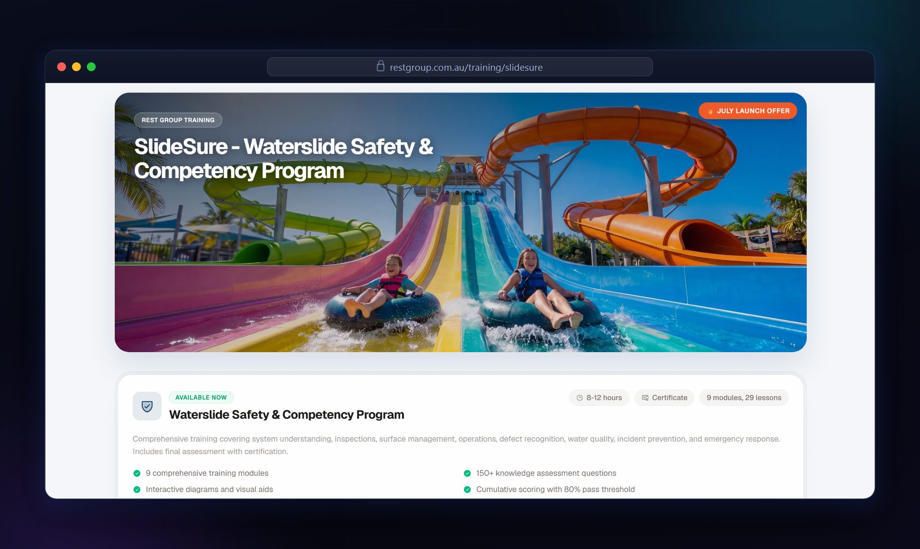 SlideSure training platform — course page with waterslide hero and program details